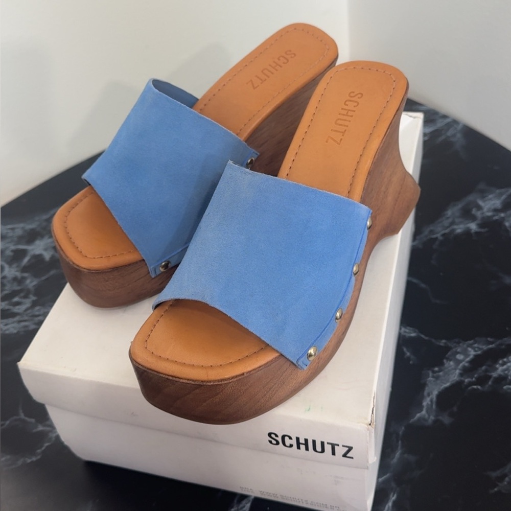 Schutz Blue Suede Wedge Heel Clog Sandals Lanneh Women's Size 8 AUTHENTIC NEW - Picture 9 of 9
